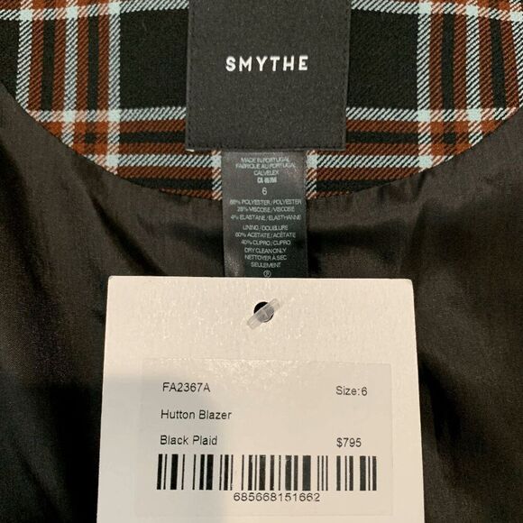 Smythe NWT Hutton Blazer Black Plaid Size 6 Lapel Collared Jacket Button Cuff - Picture 4 of 12